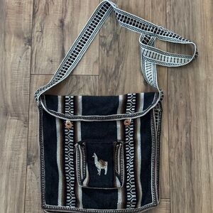 Black‎ Woven Messenger Bag with Embroidered Llama